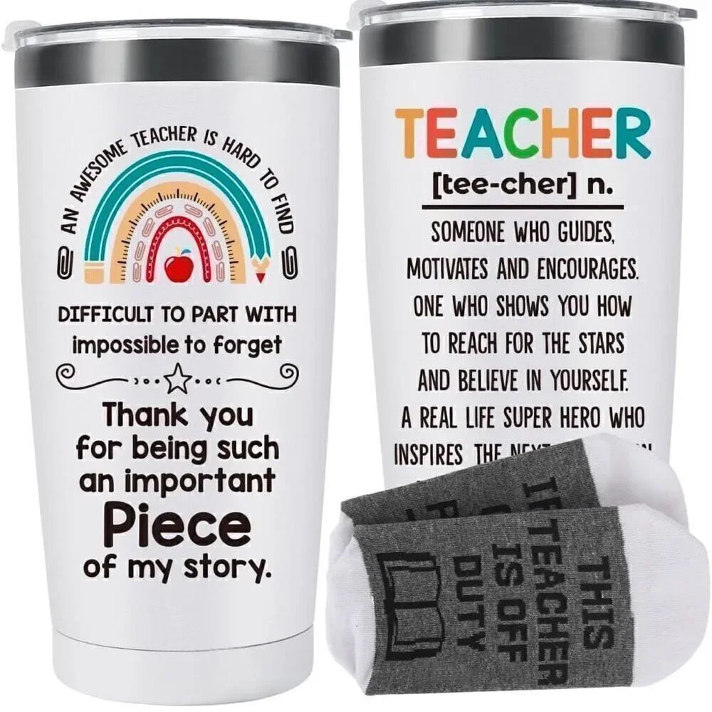 Teacher Definition White 20oz Insulated Tumbler & Sock Set New